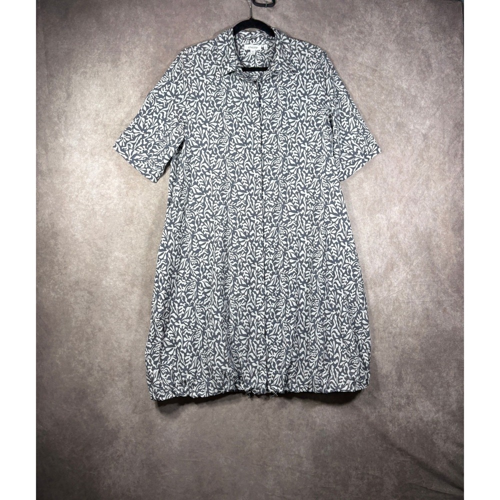 Chicos Dress Womens 1 M Gray White Leaf Print Button Front Pocket Bubble Hem